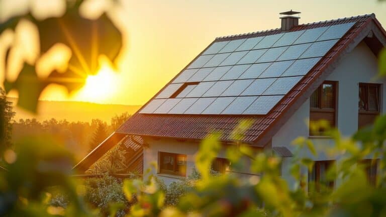 Ein Haus mit Solarmodulen auf dem Dach bei Sonnenuntergang
