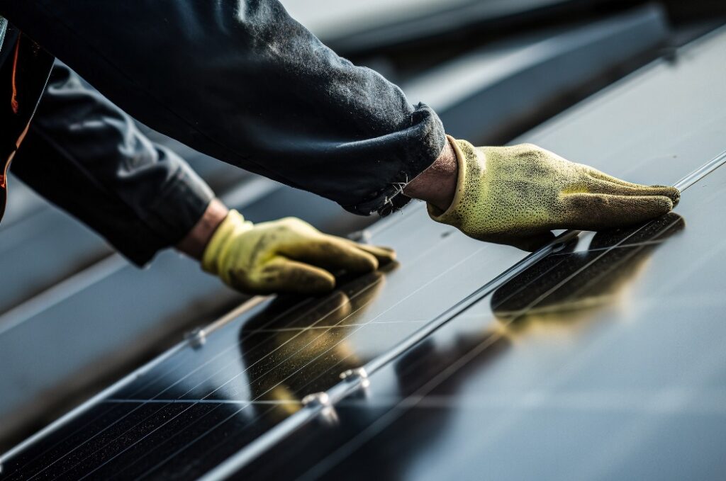 Mitarbeiter einer Firma, die Solarmodule installiert, auf dem Dach