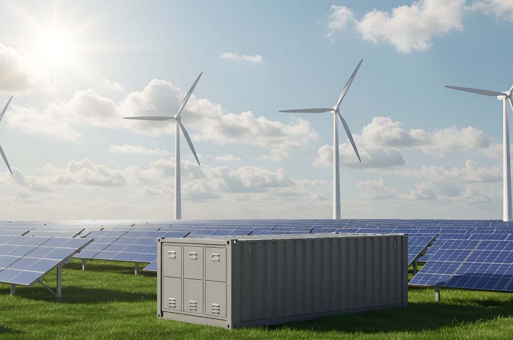 Nachhaltige Zukunft: Sonnenkollektoren, Windturbinen und Energiespeicherbehälter