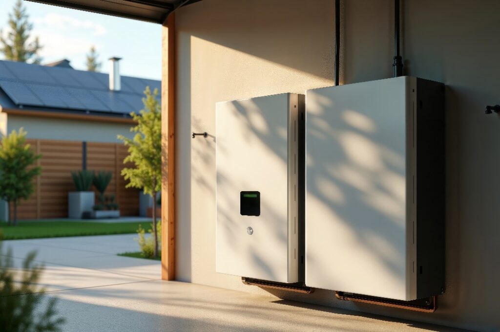 Hausbatteriespeicher im Haus. Energiespeichersystem für Privathaushalte, das in einer Garage oder einem Hauswirtschaftsraum installiert wird.