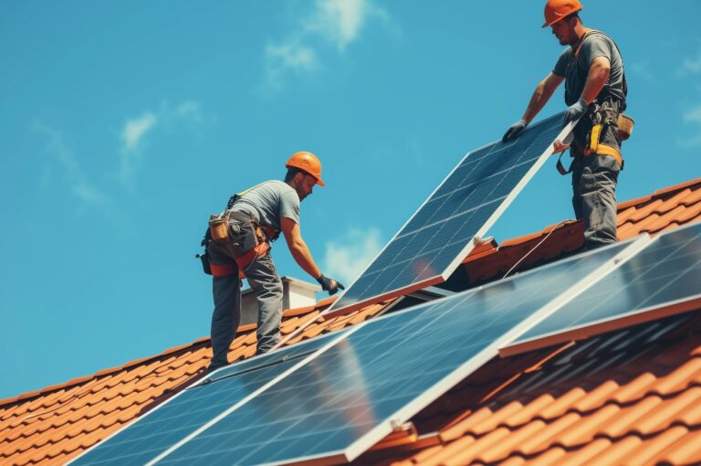 Fachkräfte bauen Solaranlage aufs Dach