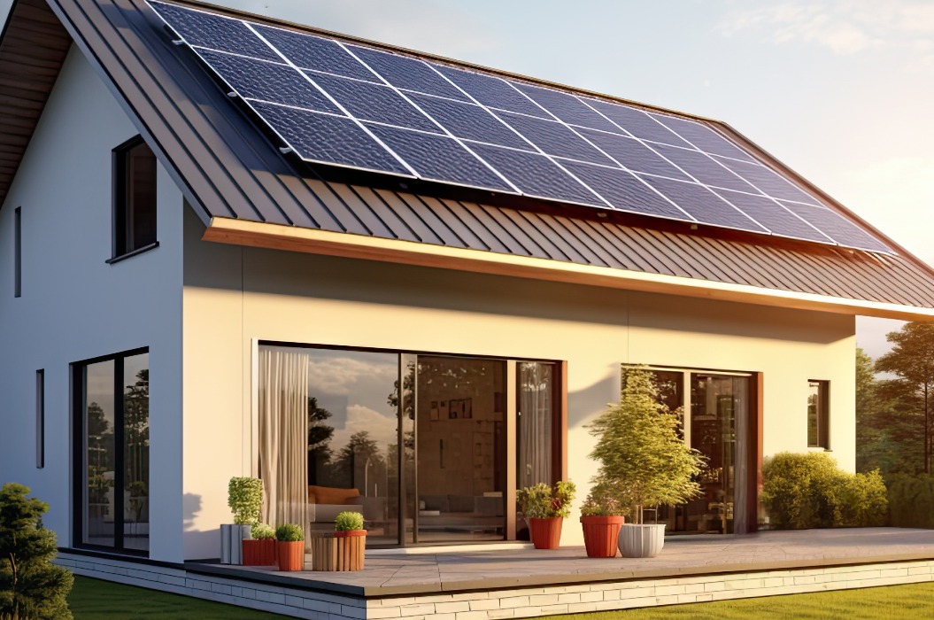 Neues Vorstadthaus mit einer Photovoltaikanlage auf dem Dach. Modernes, umweltfreundliches Passivhaus mit einem gepflegten Garten. Sonnenkollektoren auf dem Satteldach.