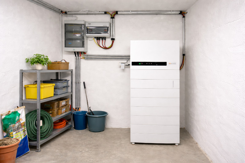Ein weißer Batteriespeicher steht in einem Kellerraum mit grauen Regalen und Pflanzen