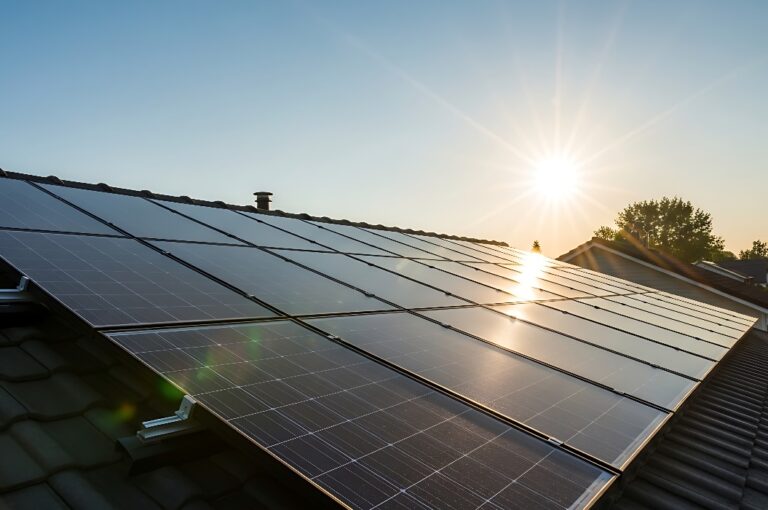 An einem klaren, sonnigen Tag auf einem Dach installierte Solarzellen mit strahlendem Sonnenschein im Hintergrund