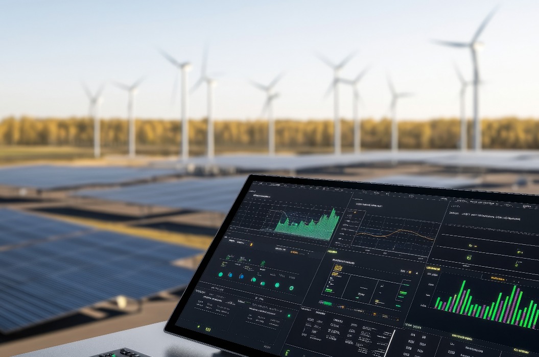 Überwachung erneuerbarer Energien: Analyse von Solar- und Windenergiedaten auf einem Laptop